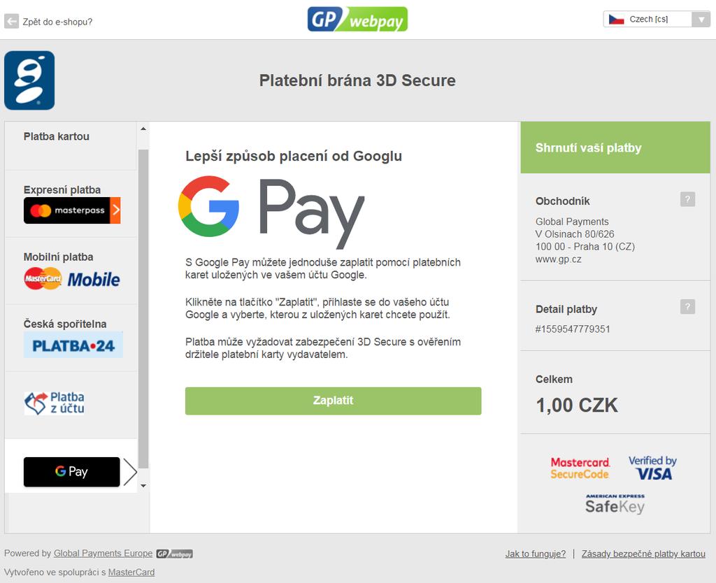Obr. 8: Stránka s informacemi pro zákazníka pro platbu přes Google Pay Služba Google Pay může být nabídnuta přímo na stránkách e-shopu prostřednictvím tlačítka G Pay (viz obr. č. 9).