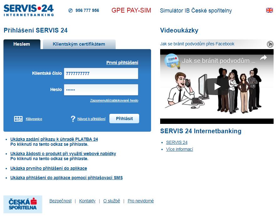 Obr. 11: Přihlašovací stránka internetového bankovnictví České spořitelny SERVIS 24 PLATBA 24 může být nabídnuta přímo na stránkách e-shopu prostřednictvím tlačítka PLATBA 24 (viz obr. č. 12).