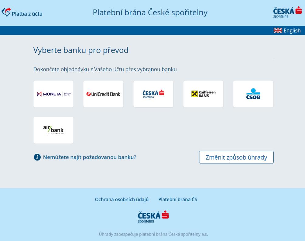 Obr. 13: Prostředí služby Platba z účtu Zákazník je následně přesměrován na přihlašovací stránku zvolené banky.
