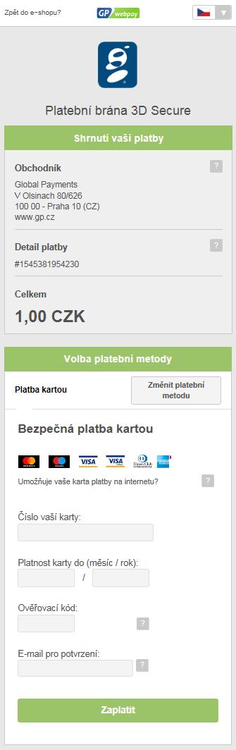 Platební stránka má responsivní design a automaticky se přizpůsobí obrazovce používaného zařízení a jazyku prohlížeče (viz obr. č. 1).