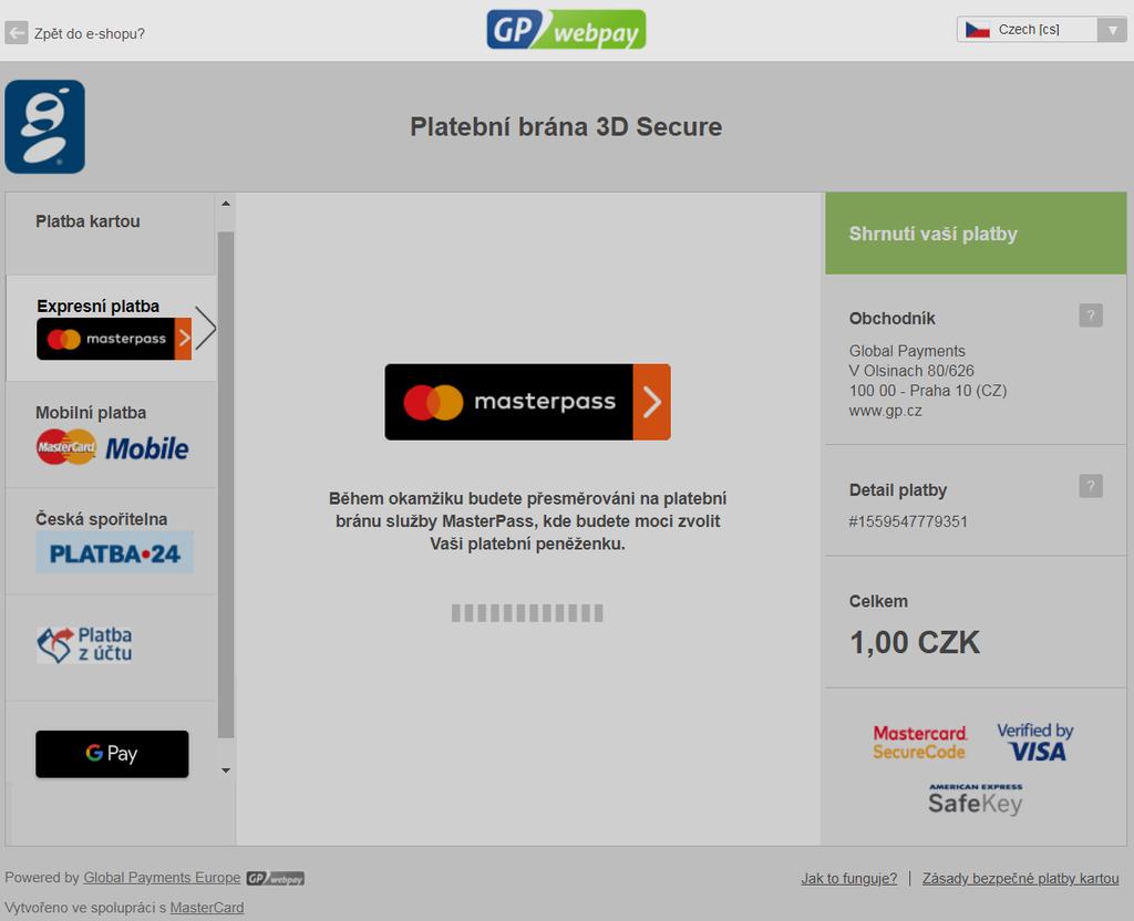 Obr. 3: Přesměrování prohlížeče zákazníka na platební bránu služby Masterpass Při první platbě z daného prohlížeče uživatele se zobrazí stránka pro výběr země a