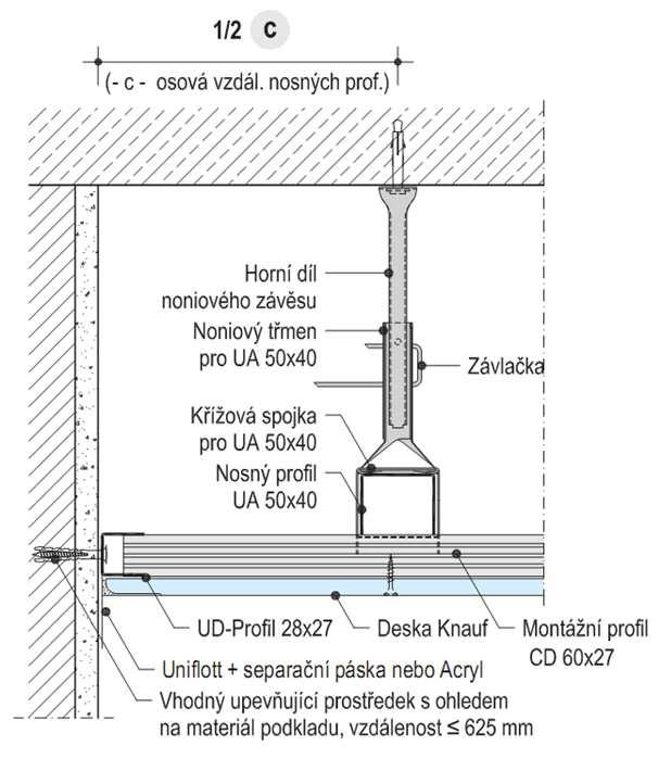 Detail napojení podhledu s dřevěnou nosnou konstrukcí na stěnu Detail