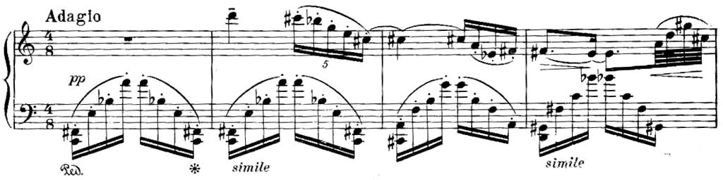 Př. 3 2. věta, takty č. 1 4 Transpozice ovšem nejsou doslovné. Ve třetím taktu chybí tóny B, Dis a naopak navíc je tu tón A.