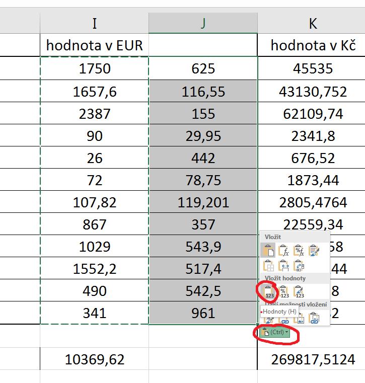 Základy MS Excel 2016: studijní text 21 že každá hodnota zboží v eurech ve sloupci I vznikla jako výsledek nějakého vzorce, kopírováním bychom vložili opět vzorec, ten bude ale vracet pro nás chybné