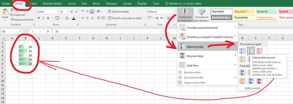 Základy MS Excel 2016: studijní text 29 Cvičení Vyzkoušejme: Otevřete si nový sešit a na Listu1 vložíme ručně do buněk B2 až B6 hodnoty (10, 15. 10, 20, 25).