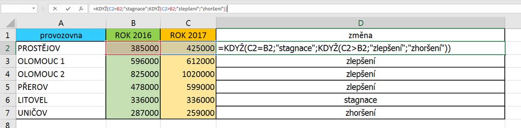 Základy MS Excel 2016: studijní text 41 Celá syntaxe pak bude vypadat takto: =KDYŽ(C2=B2;"STAGNACE";KDYŽ(C2>B2;"ZLEPŠENÍ";"ZHORŠENÍ")) Abychom ověřili funkčnost vytvořené podmínkové funkce, upravili