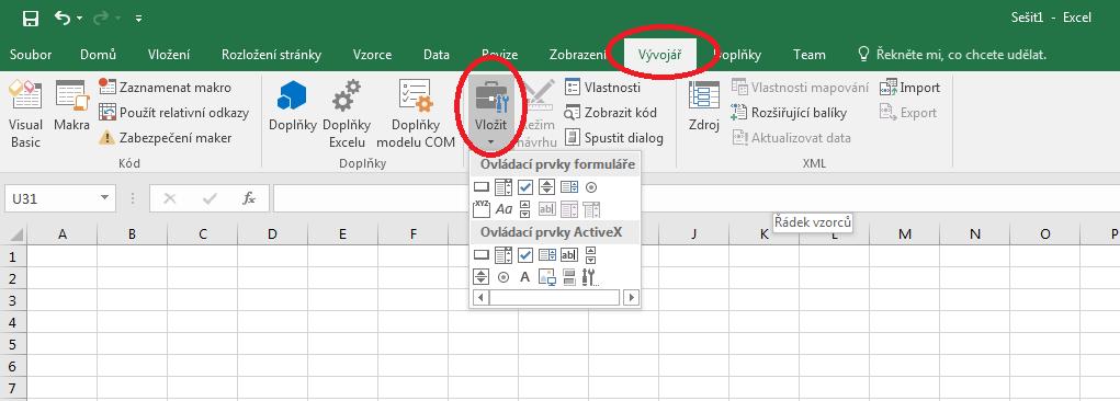 Základy MS Excel 2016: studijní text 44 8.1.2 Skupina elementů v nabídce Ovládací prvky ActiveX Ovládací prvky ActiveX mohou být použity na formulářích listu, s nebo bez použití kódu VBA.