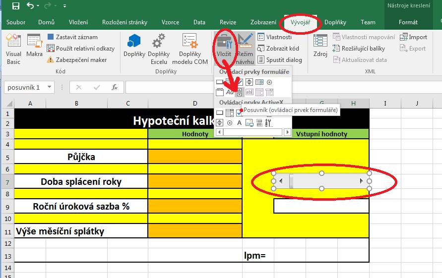 Základy MS Excel 2016: studijní text 55 V této chvíli máme formátování typu buněk hotovu a můžeme se pustit do vložení posuvníků, které budou uživateli naší kalkulačky sloužit pro nastavení doby