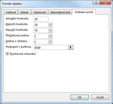 Základy MS Excel 2016: studijní text 57 Náš posuvník bude do pomocné buňky E9 generovat hodnotu v intervalu od 20 do 70.