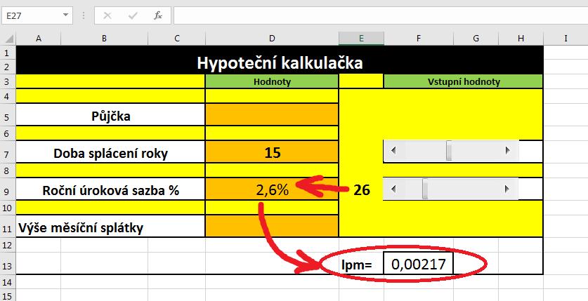 Základy MS Excel 2016: studijní text 58 Vlastní výpočet výše měsíční splátky Klepneme do buňky D12 a podle vztahu