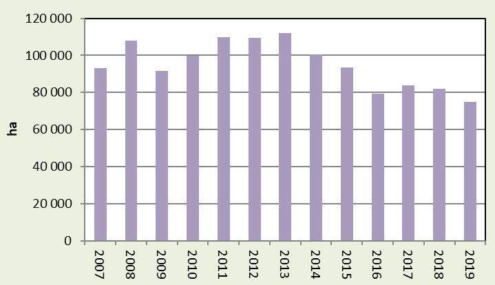 86 KUKUŘICE Výroba Kukuřice ve sklizňovém roce 2019 zaznamenala mírný nárůst sklizně, když po loňském propadu v produkci se výroba zvýšila o 131,1 tis. tun 