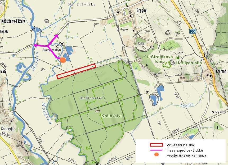 B.I.3 Umístění záměru Posuzovaný záměr se nachází v Olomouckém kraji, jihozápadně od obce Grygov. Místo předpokládané těžby je situováno jižně od dobývacího prostoru v jeho těsném sousedství.