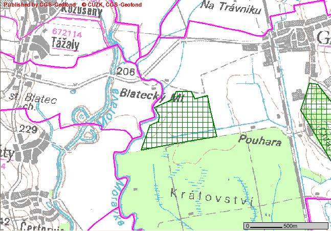 Obr. 2: Vymezení CHLÚ Grygov (CHLÚ je zaznačeno zeleným šrafováním) Zdroj: www.geofond.cz Dalším nejbližším ložiskem nerostných surovin je ložisko nevýhradní plochy Kožušany-Slavonín (i.č. 308820003), které je vymezeno podél toku Moravy a od záměru je vzdáleno cca 40 m severozápadně.