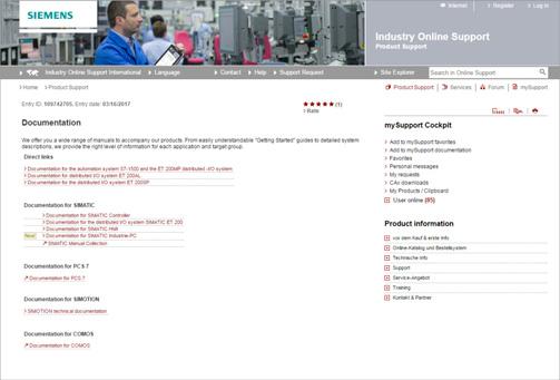 The complete SIMATIC PCS 7 system documentation is provided as a free-of-charge, multilingual manual collection on the Internet via My Documentation Manager.