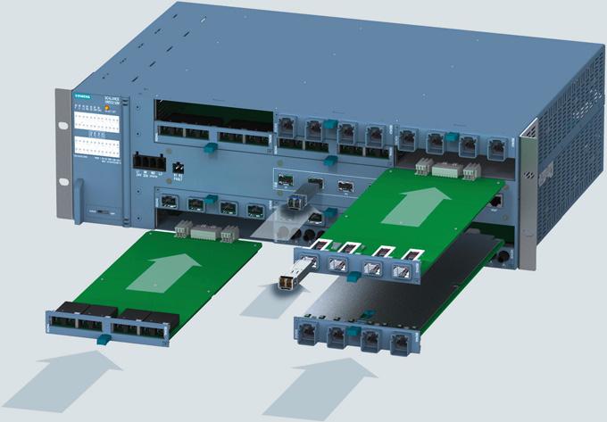 Industrial Communication Industrial Ethernet SCALANCE X-500 Switches Design (continued) Optical SFP+ pluggable transceivers (one port) are inserted into the device Optical 4-port media modules are