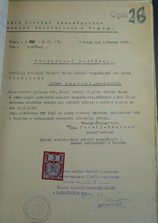 Pověření Zdeňka Deršáka k prozatímnímu velení