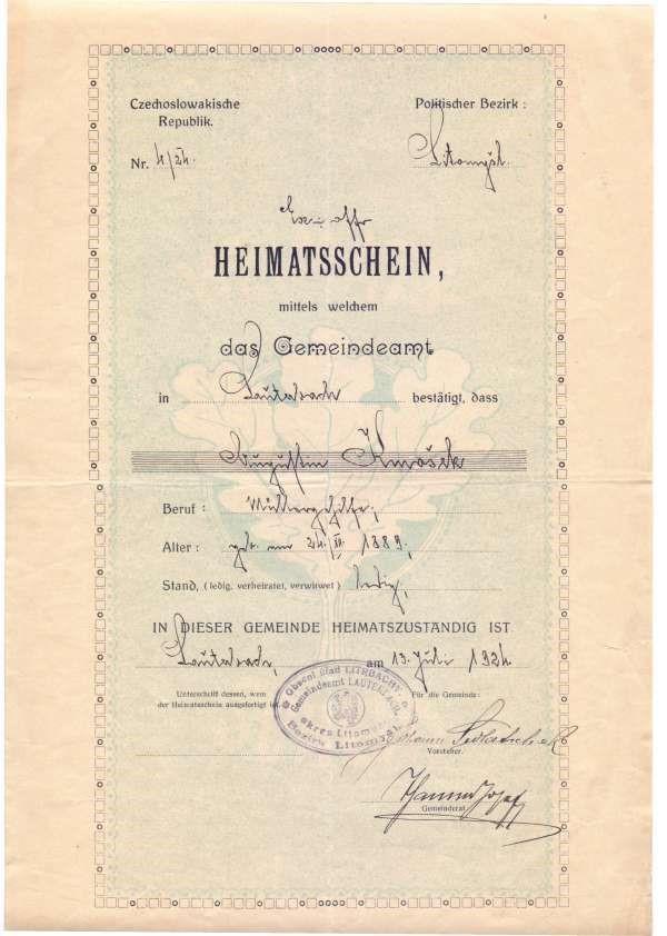 Domovský list Augustina Kmoška příslušného do obce Lauterbach, vydaný ex offo