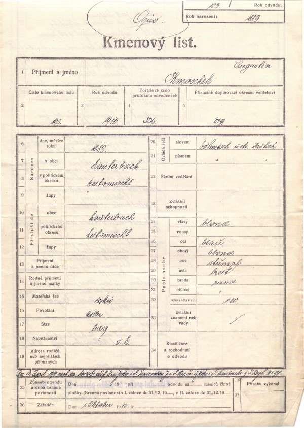 Opis kmenového listu Augustina Kmoška vyhotovený zástupcem okresního