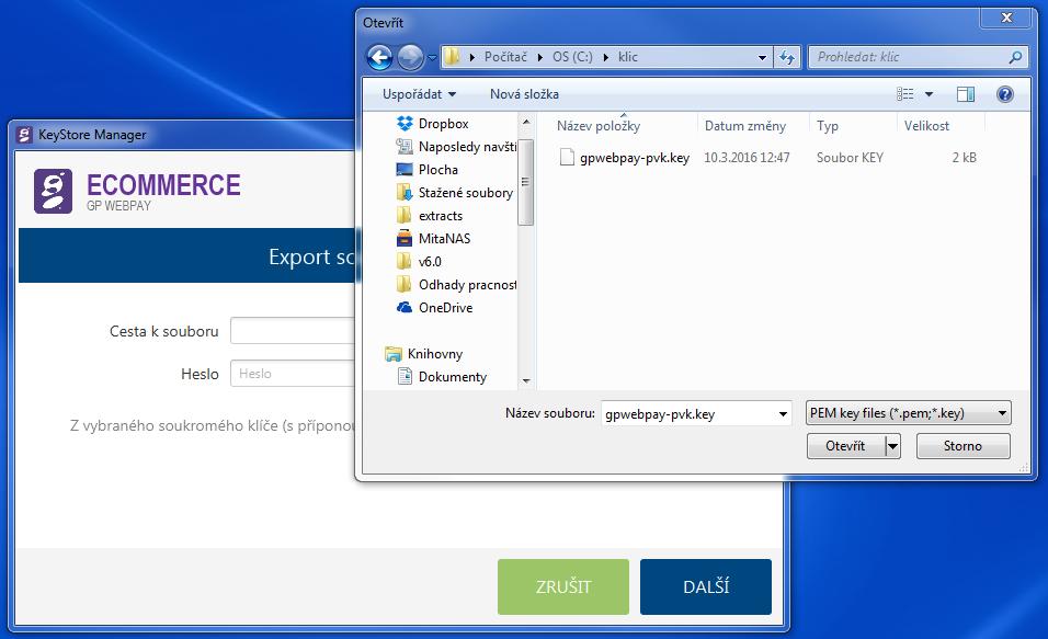 úložiště soukromého klíče: o o JAVA formát JCEKS gpwebpay-pvk.jceks Microsoft PKCS12 gpwebpay-pvk.p12 soubor veřejného klíče: o o textový formát PEM gpwebpay-pub.pem binární formát DER gpwebpay-pub.