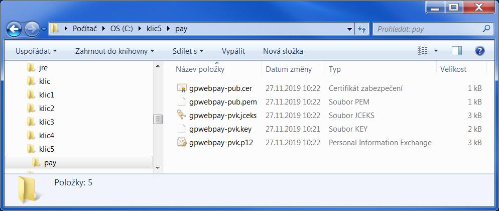 gpwebpay-pvk.key originální soukromý klíč vygenerovaný v GP webpay Portálu gpwebpay-pvk.jceks soukromý klíč v úložišti jazyku JAVA (JCEKS) použitelný pro JSP/JAVA aplikace gpwebpay-pvk.