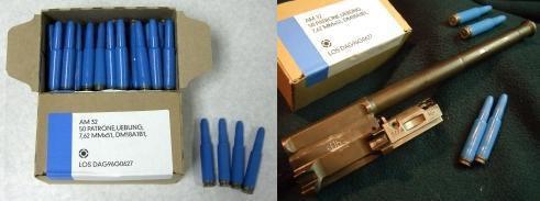 Obr. 1 vlevo - puškové redukované náboje ráže 7,62x51 (Plastic Training Ammunition) Vpravo - konverzní díly na útočnou pušku G 3 (Heckler & Koch) Zdroj: Juříček 2016 Charakteristika a použití