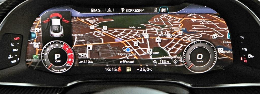 Obr. 3 Digitální přístrojová deska umožňuje zobrazit mnohem více informací, než klasická analogová. Řidič si může nastavit i několik vzhledů, vybrat ten, který mu nejlépe vyhovuje.
