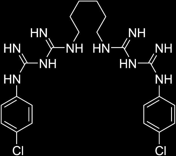 (7) Chlorhexidini digluconas solutio Obrázek 7 Chlorhexidini digluconas - chemický vzorec (7) Chlorhexidin digluconas je téměř bezbarvá nebo slabě nažloutlá kapalina.