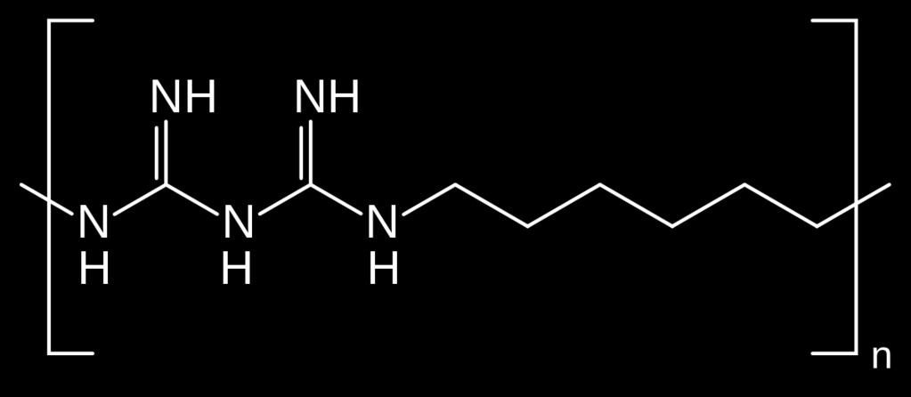 (33,34,41) Polyhexamethylen biguanid Obrázek 11 Polyhexamethylen biguanid - chemický vzorec (50) Polyhexamethylen biguanid je polymer používaný jako dezinfekční a antiseptická látka.