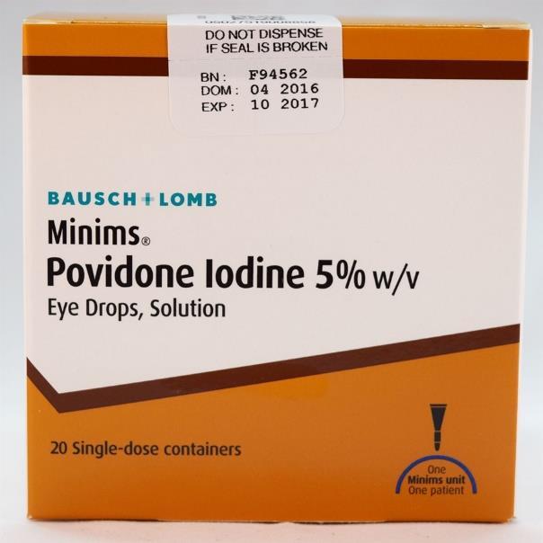 7.3 MINIMS POVIDONE IODINE 5% Oční kapky, které jsou používány k antisepsi před očním operačním zákrokem, k podpoře pooperační kontroly infekce a k profylaxi zánětu očních spojivek u novorozenců.