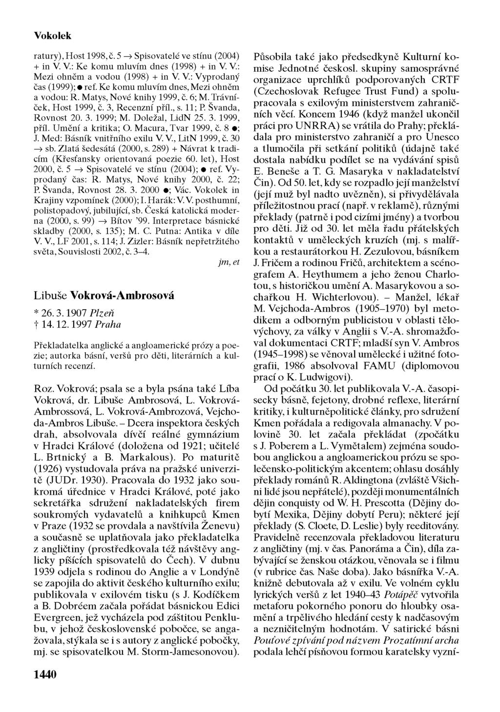 Vokolek ratury),host 1998, č. 5 Spisovatelé ve stínu (2004) + in V. V.: Ke komu mluvím dnes (1998) + in V. V.: Mezi ohněm a vodou (1998) + in V. V.: Vyprodaný čas (1999); ref.