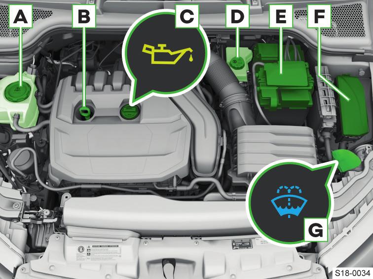 Přehledy vozu Motorový prostor 11 Motorový prostor Podle výbavy: Ovládání analogového panelu přístrojů» strana 53. Ovládání digitálního panelu přístrojů» strana 54.