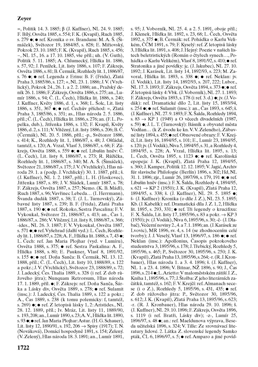 Zeyer =, Politik 14. 3. 1885; p (J. Kuffner), NL 24. 9. 1885; F. Bílý, Osvěta 1885,s. 554;F K. (Kvapil),Ruch 1885, s. 279 ; ref. Kronika o sv. Brandanu: M. A. Š. (Šimáček), Světozor 19, 1884/85, s.