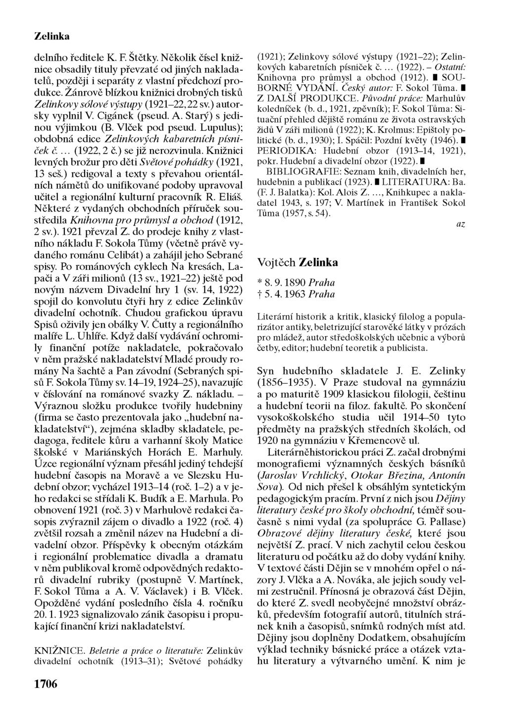 Zelinka delního ředitele K. F. Štětky. Několik čísel knižnice obsadily tituly převzaté od jiných nakladatelů, později i separáty z vlastní předchozí produkce.
