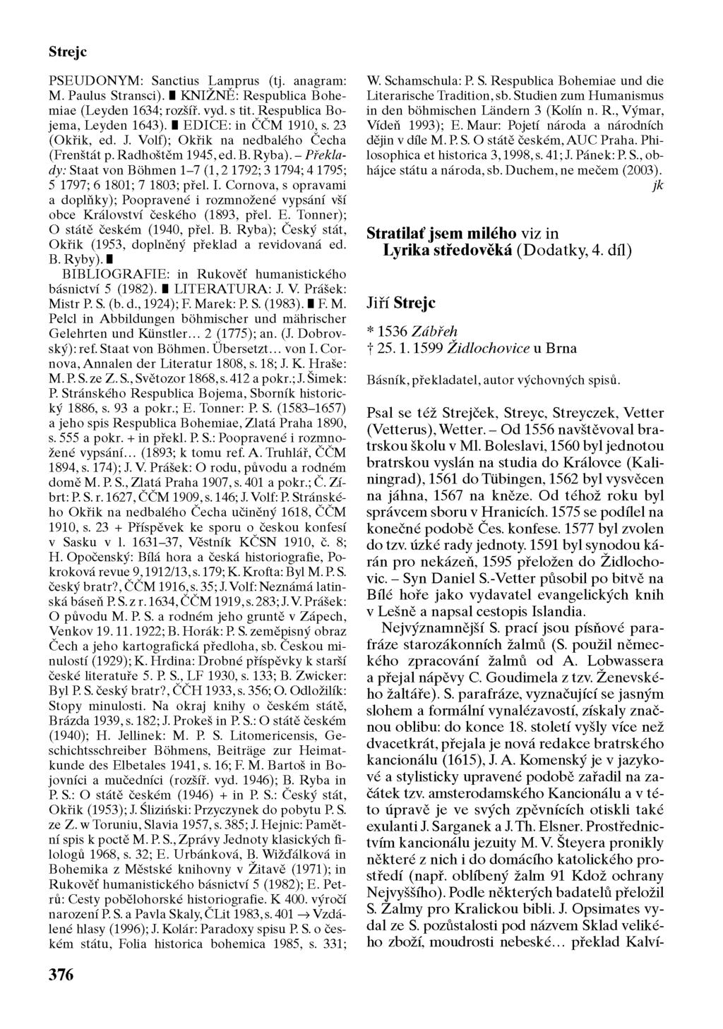 Strejc PSEUDONYM: Sanctius Lamprus (tj. anagram: M. Paulus Stransci). I KNIŽNĚ: Respublica Bohemiae (Leyden 1634; rozšíř. vyd. s tit. Respublica Bojema, Leyden 1643). I EDICE: in ČČM 1910, s.