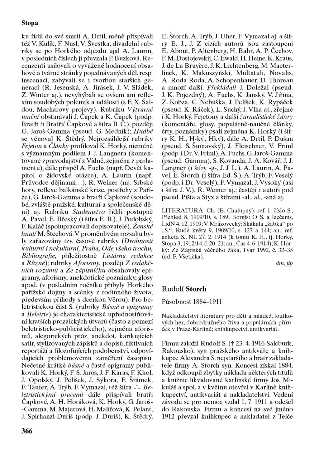 Stopa ku řídil do své smrti A. Drtil, méně přispívali též V. Kulík, F. Nusl, V. Švestka; divadelní rubriky se po Horkého odjezdu ujal A. Laurin, v posledních číslech ji převzala P. Buzková.