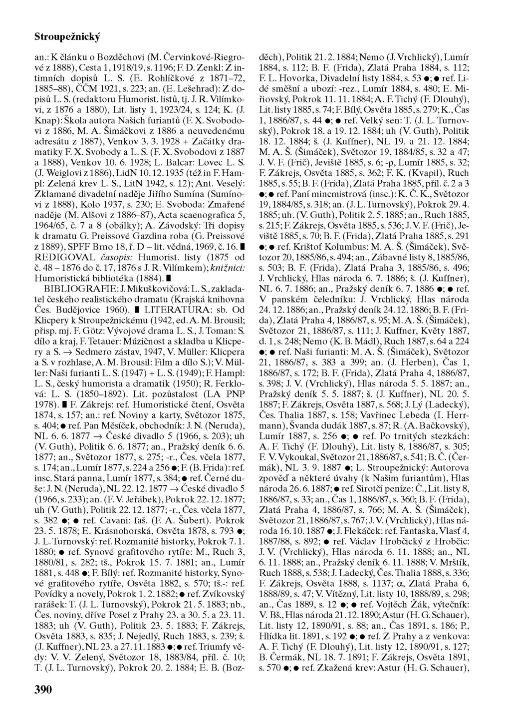 Stroupežnický an.: K článku o Bozděchovi (M. Červinkové-Riegrové z 1888), Cesta 1,1918/19, s. 1196; F. D. Zenkl: Z intimních dopisů L. S. (E. Rohlíčkové z 1871-72, 1885-88), ČČM 1921, s. 223; an. (E. Lešehrad): Z dopisů L.