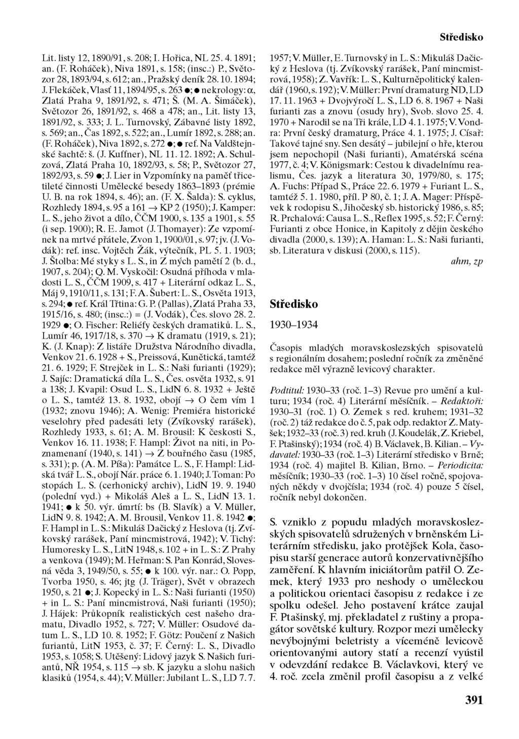 Středisko Lit. listy 12,1890/91, s. 208; I. Hořica, NL 25. 4.1891; an. (F. Roháček), Niva 1891, s. 158; (insc.:) P., Světozor 28,1893/94, s. 612; an., Pražský deník 28.10.1894; J.
