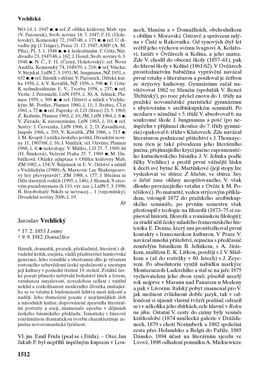 Vrchlická NO 14.1.1947 ; ref. Z oříšku královny Mab: vpa (V. Pazourek), Svob. noviny 18. 7.1947; F. H. (Holešovský), Komenský 72,1947/48, s. 173 ; ref. U divadla: jtg (J.Trager), Práce 21.12.1947;AMP.