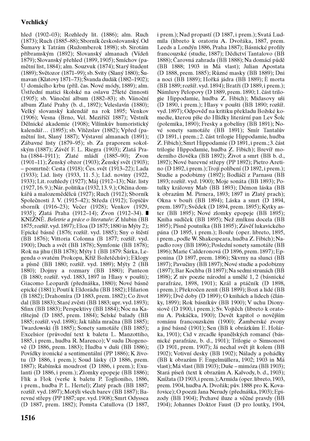 Vrchlický hled (1902-03); Rozhledy lit. (1886); alm. Ruch (1873); Ruch (1885-88); Sborník českoslovanský. Od Šumavy k Tatrám (Ružomberok 1898); sb.