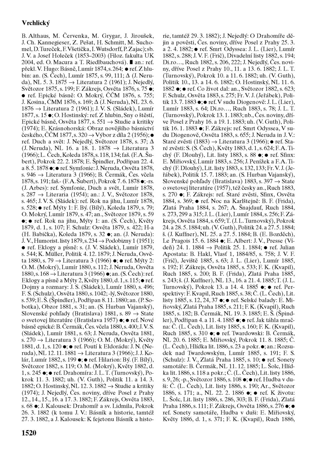 Vrchlický B. Althaus, M. Červenka, M. Grygar, J. Jiroušek, J. Ch. Kannegieser, Z. Pešat, H. Schmitt, M. Suchomel, D. Turecek, F Všetička, I.Wutsdorff, P Zajac); sb. J. V. a Josef Holeček (1853-2003) (Filoz.