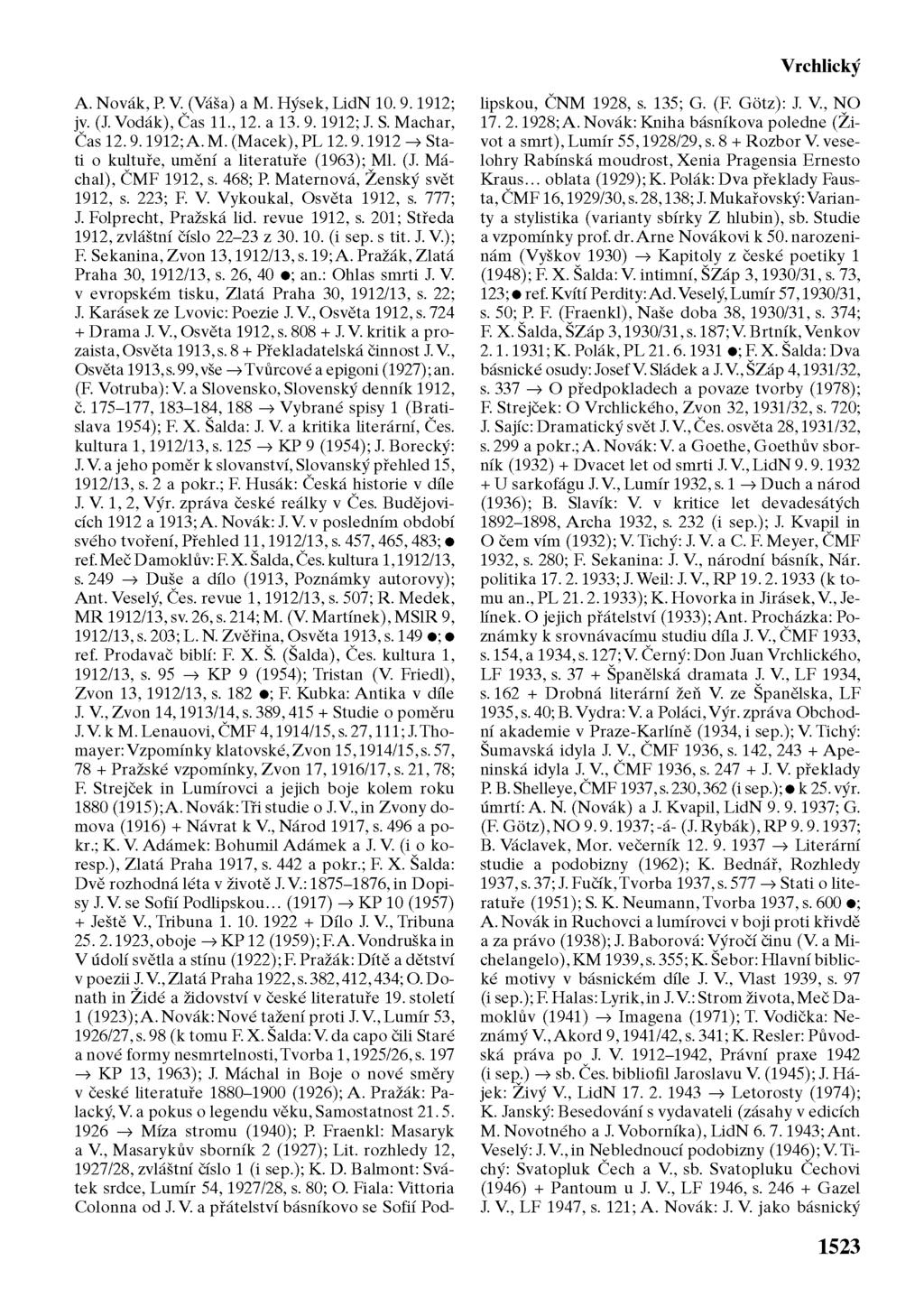 Vrchlický A. Novák, P V. (Váša) a M. Hýsek, LidN 10. 9.1912; jv. (J. Vodák), Čas 11., 12. a 13. 9.1912; J. S. Machar, Čas 12.9.1912; A. M. (Macek), PL 12.9.1912 Stati o kultuře, umění a literatuře (1963); Ml.