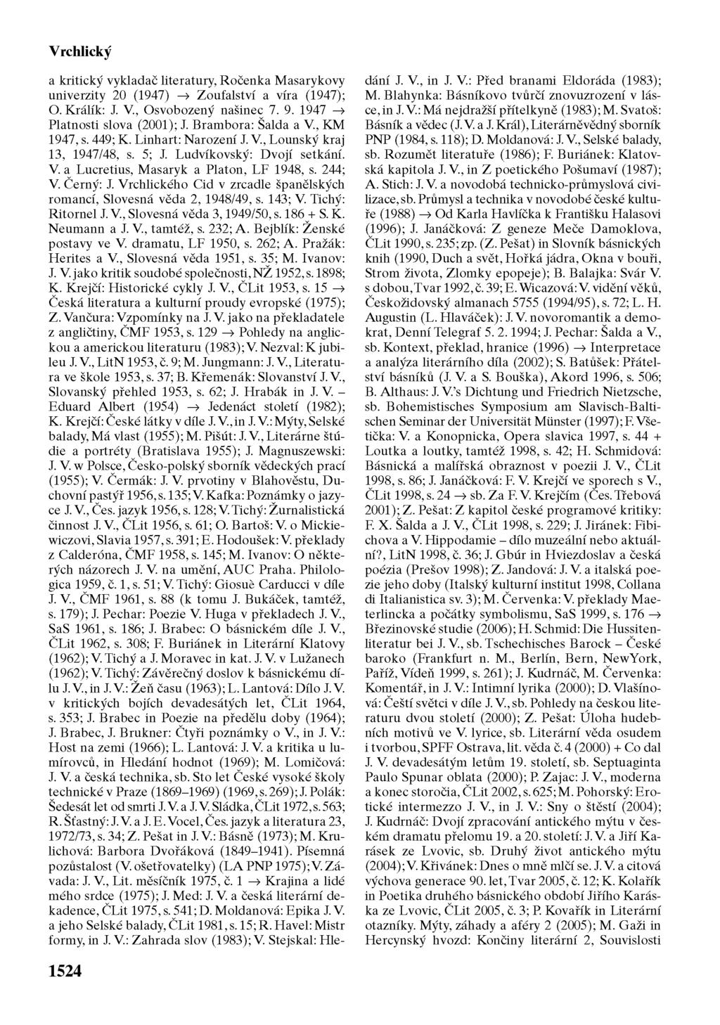 Vrchlický a kritický vykladač literatury, Ročenka Masarykovy univerzity 20 (1947) Zoufalství a víra (1947); O. Králík: J. V., Osvobozený našinec 7. 9. 1947 Platnosti slova (2001); J.