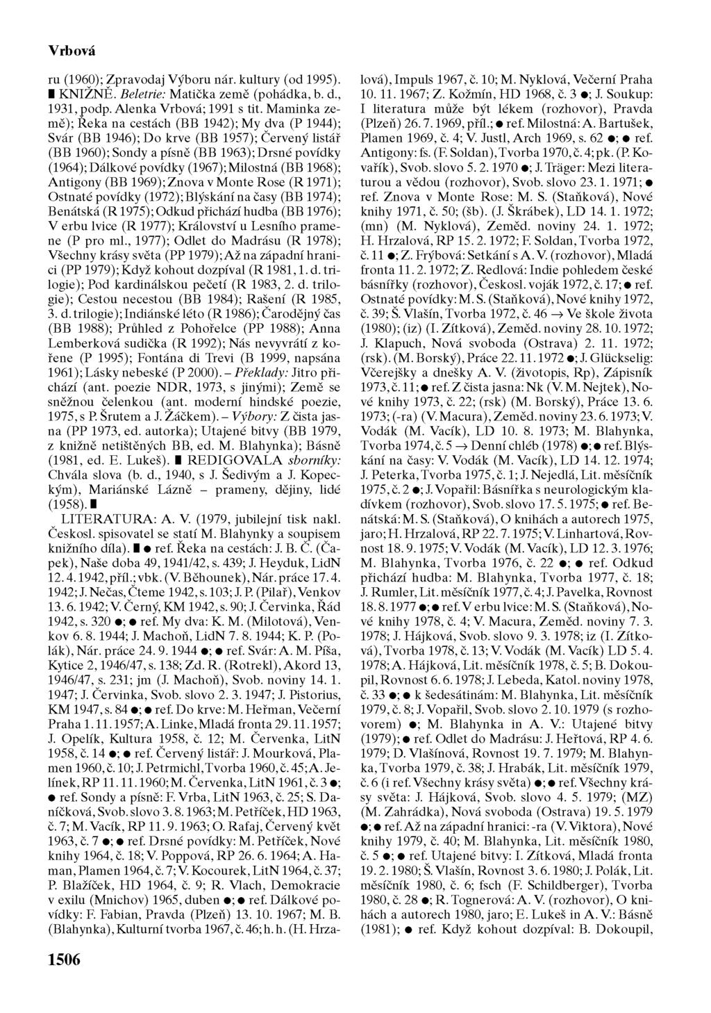 Vrbová ru (1960); Zpravodaj Výboru nár. kultury (od 1995). KNIŽNĚ. Beletrie: Matička země (pohádka, b. d., 1931, podp. Alenka Vrbová; 1991 s tit.