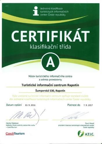 Vyšší třída pro TIC Rapotín Informační centrum Rapotín je členem profesní organizace Asociace turistických informačních center ČR.