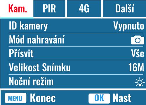 Kamera Nastavení Programovatelné možnosti Vyberte Zapnuto, stiskněte OK a pro každou fotopast ID kamery nastavte 12 číslic.
