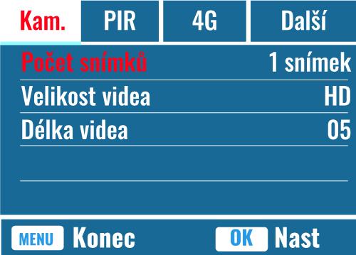 Foto, Video, Foto + Video 1) Foto: Fotopast pořizuje fotografie pouze na základě nakonfigurovaného režimu Počet snímků a velikost snímku 2) Video: fotopast natáčí videa pouze na základě Mód nahrávání