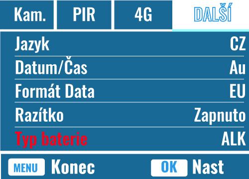 Jazyk Datum / čas Razítko Typ Baterie Frekvence Přepis SD Heslo Reset Aktualizovat FW O zařízení Ostatní Čeština Automaticky / manuálně Automaticky: fotopast bude synchronizovat data / čas po zadání