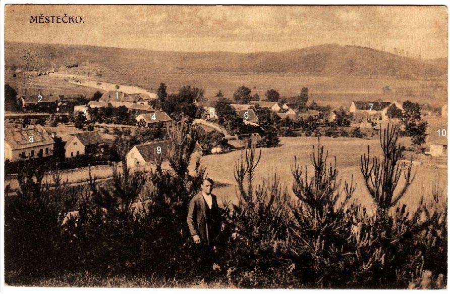 Městečko 1924 Foto pohlednice, sépiové barvy, jeden horní záběr na obec od severovýchodu. Název obce je v levém horním okraji. Ve středu v popředí je postava muže stojícího v mladém borovém lese.