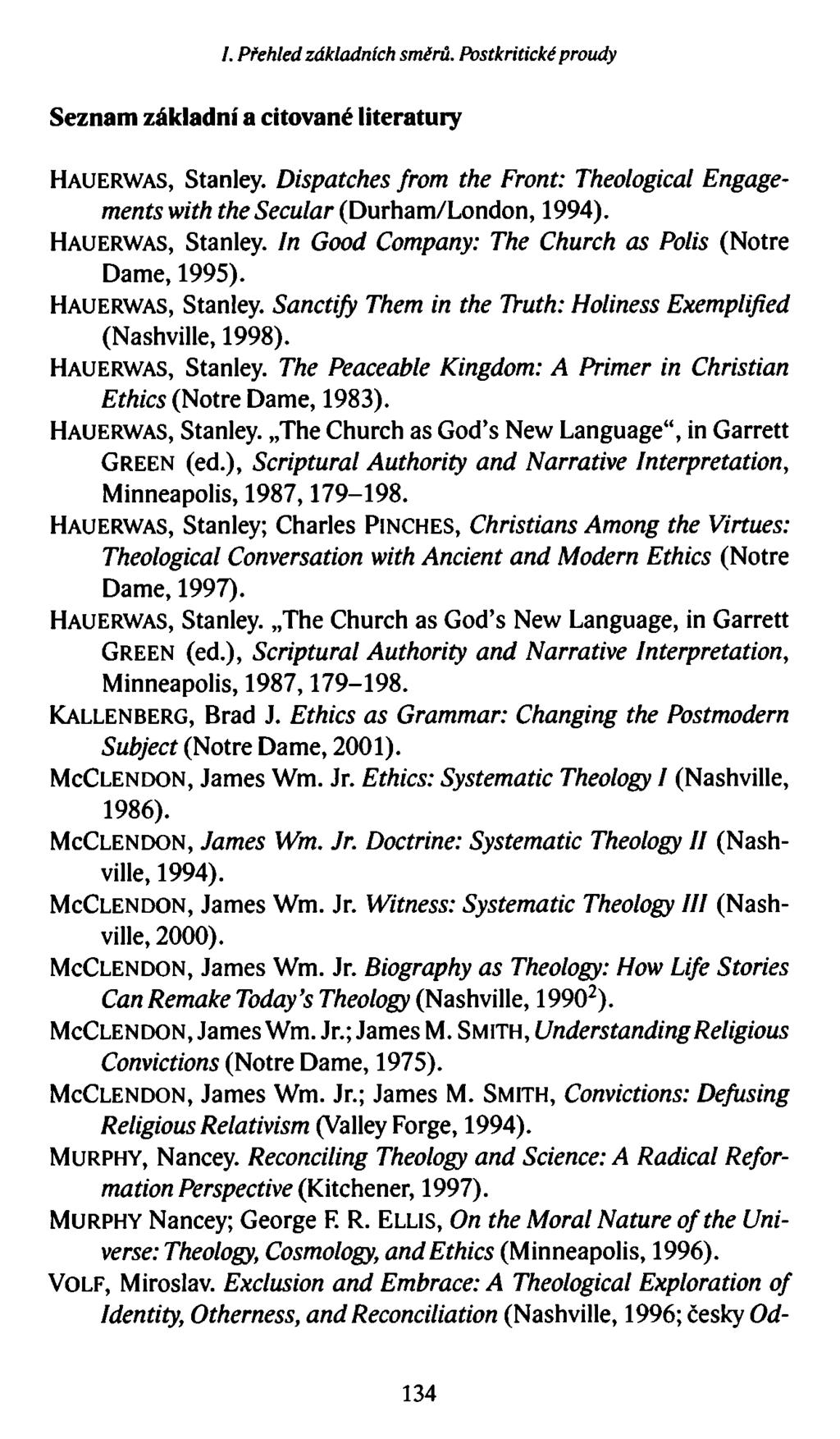 I. Přehled základních směrů. Postkriticképroudy Seznam základní a citované literatury Hauerwas, Stanley. Dispatches from the Front: Theological Engagements with the Secular (Durham/London, 1994).
