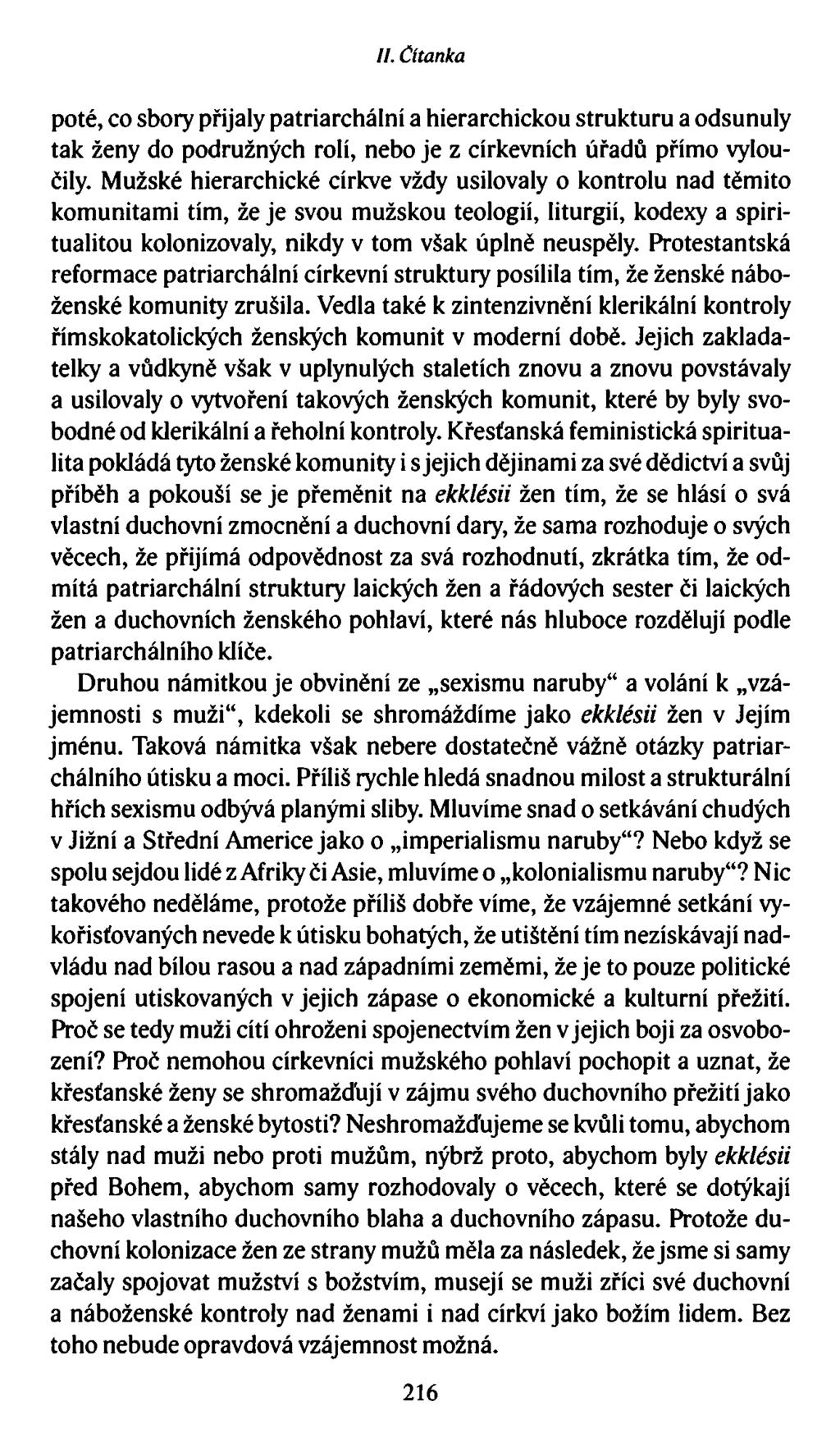 II. Čítanka poté, co sbory přijaly patriarchální a hierarchickou strukturu a odsunuly tak ženy do podružných rolí, nebo je z církevních úřadů přímo vyloučily.